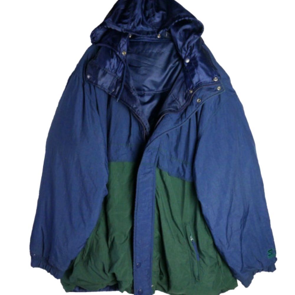 90s Starter Adult 2XL Windbreaker Jacket Hood Double Sided Full Zip Navy Green